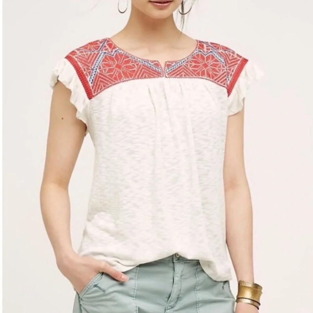 Anthropologie White Top with Red & Blue Embroidered Yoke